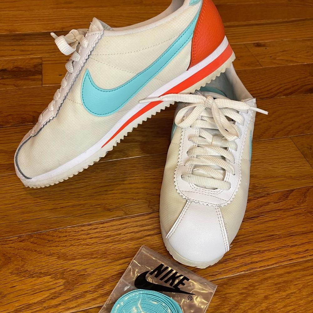 Nike Cortez White and Teal Sneakers with Coral Accent